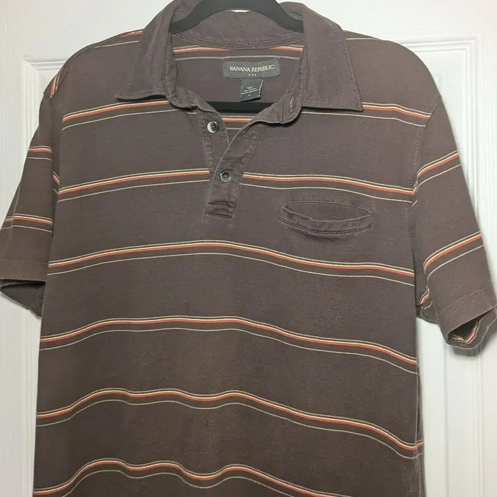 Banana Republic Mens Large Brown Striped Short Sleeve Polo Shirt Cotton Casual